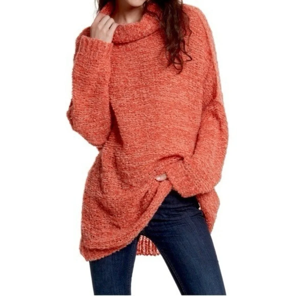 Free People She's All That Alpaca Knit Funnel Neck Tunic Sweater Orange XS‎